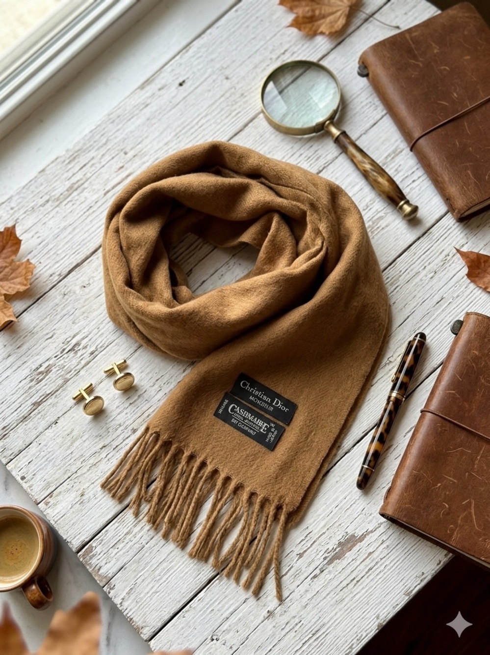 VTG Christian Dior Monsieur Cashmaire Scarf Tan Camel Fringe Made In Japan